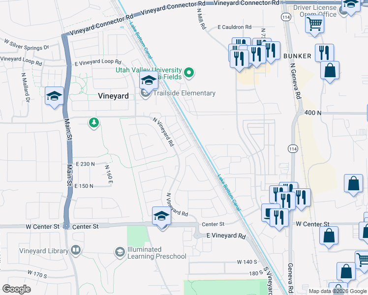map of restaurants, bars, coffee shops, grocery stores, and more near 437 East 280 North in Vineyard