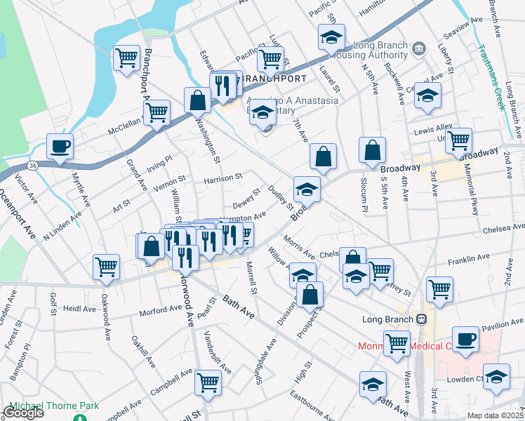map of restaurants, bars, coffee shops, grocery stores, and more near 452 Hampton Avenue in Long Branch