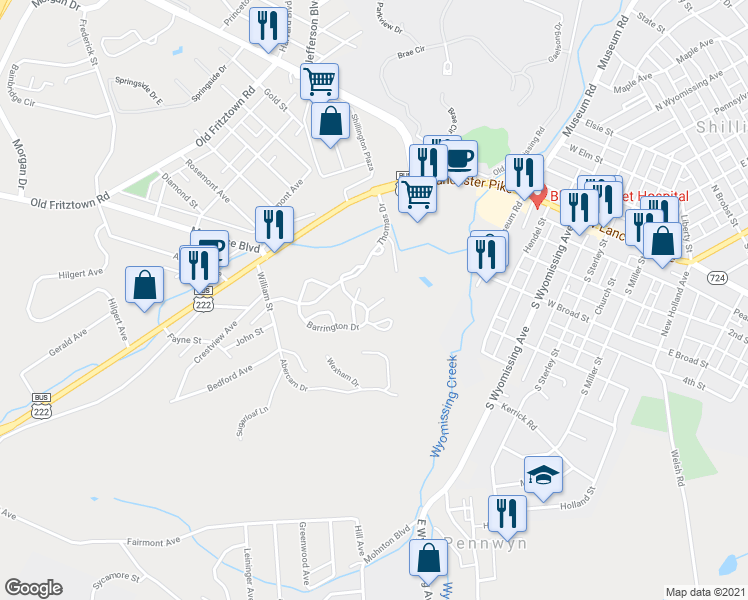 map of restaurants, bars, coffee shops, grocery stores, and more near 3 Creighton Circle in Reading