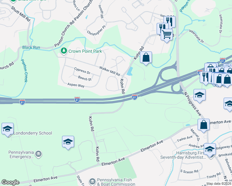 map of restaurants, bars, coffee shops, grocery stores, and more near 1950 Daybreak Circle in Harrisburg