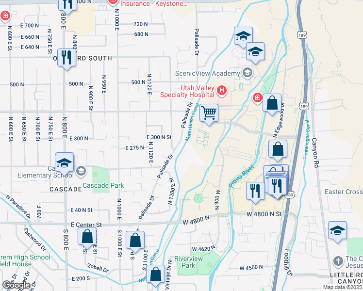 map of restaurants, bars, coffee shops, grocery stores, and more near 270 Palisade Drive in Orem