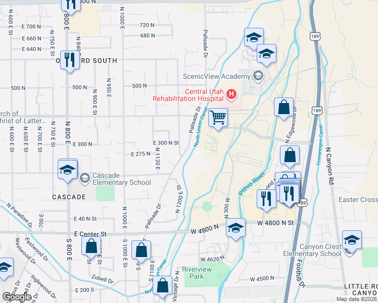 map of restaurants, bars, coffee shops, grocery stores, and more near 270 Palisade Drive in Orem