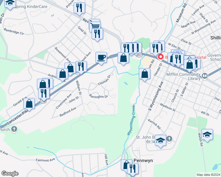 map of restaurants, bars, coffee shops, grocery stores, and more near 3 Creighton Circle in Reading