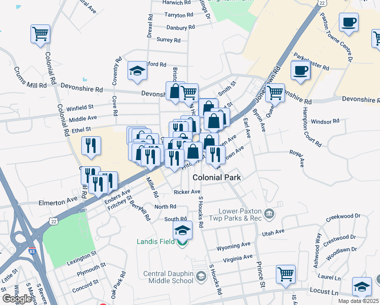 map of restaurants, bars, coffee shops, grocery stores, and more near 4647 Jonestown Road in Harrisburg