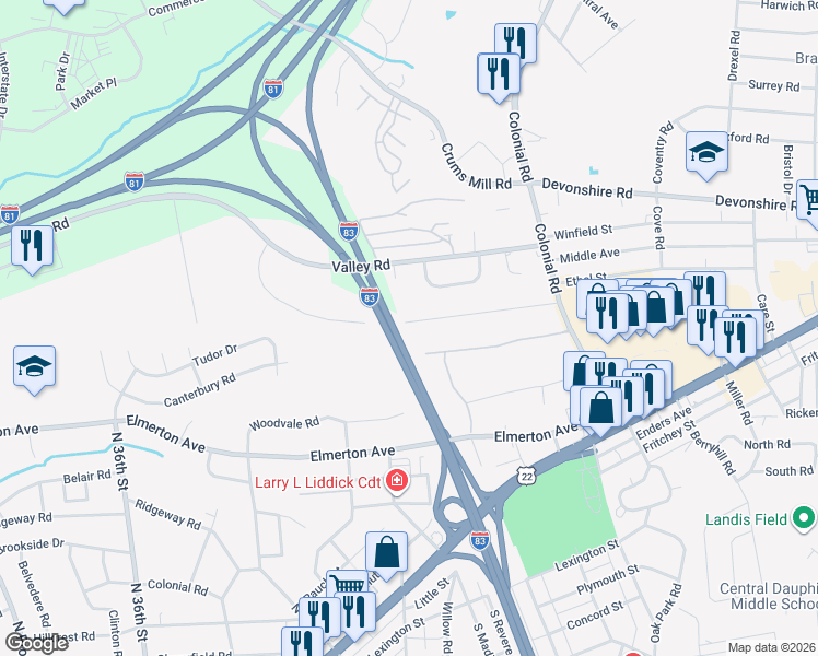 map of restaurants, bars, coffee shops, grocery stores, and more near 4101 Ridgeview Road in Harrisburg
