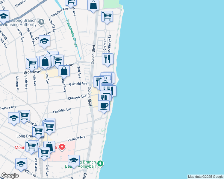 map of restaurants, bars, coffee shops, grocery stores, and more near 43 Ocean Avenue in Long Branch