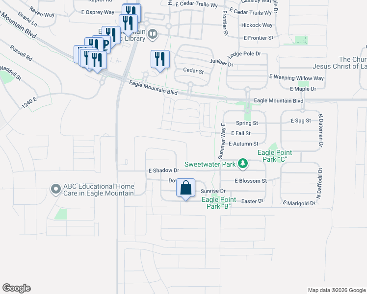 map of restaurants, bars, coffee shops, grocery stores, and more near 3771 Tumwater East Lane in Eagle Mountain