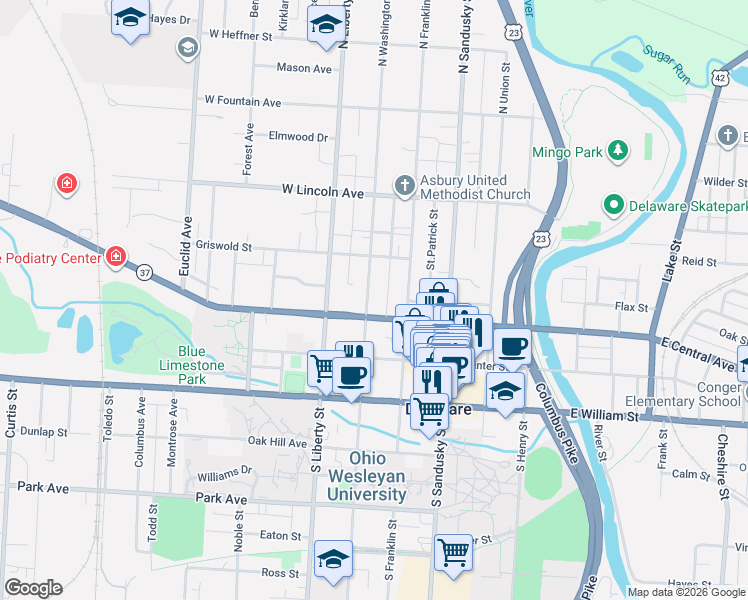 map of restaurants, bars, coffee shops, grocery stores, and more near 56 West Central Avenue in Delaware