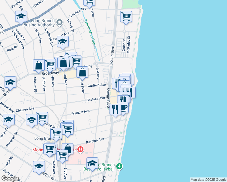 map of restaurants, bars, coffee shops, grocery stores, and more near 60 Ocean Boulevard in Long Branch