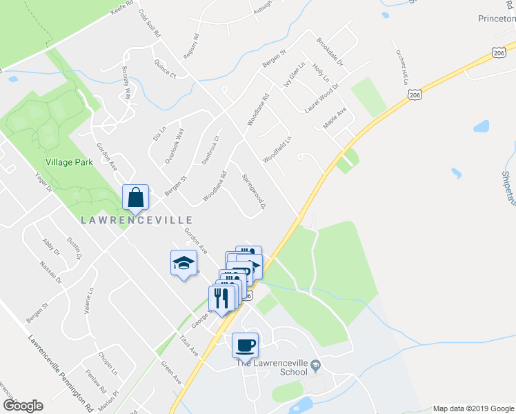 map of restaurants, bars, coffee shops, grocery stores, and more near 16 Springwood Drive in Lawrence Township