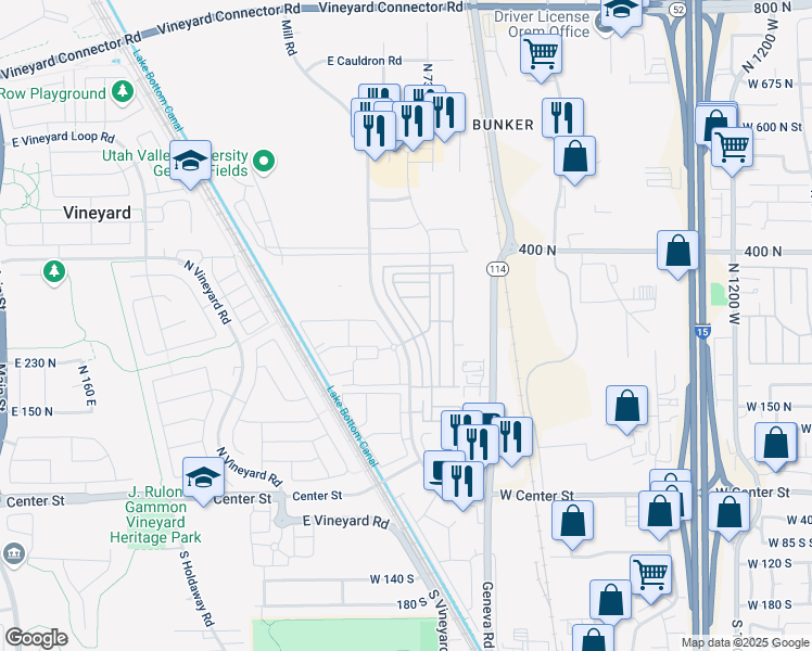 map of restaurants, bars, coffee shops, grocery stores, and more near North 680 East Street in Vineyard