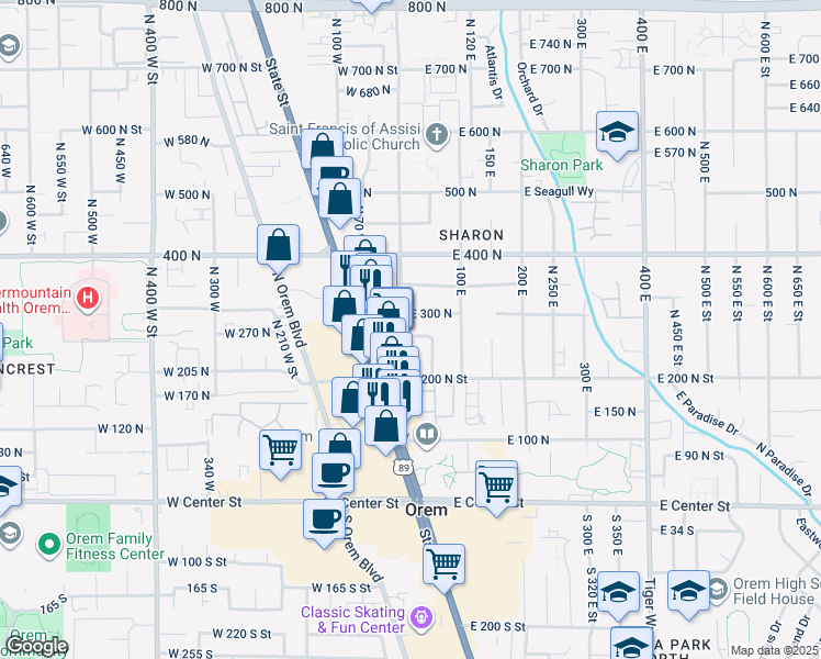 map of restaurants, bars, coffee shops, grocery stores, and more near 17 East in Orem