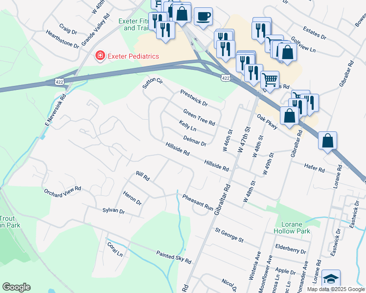 map of restaurants, bars, coffee shops, grocery stores, and more near 4501 Hillside Road in Reading