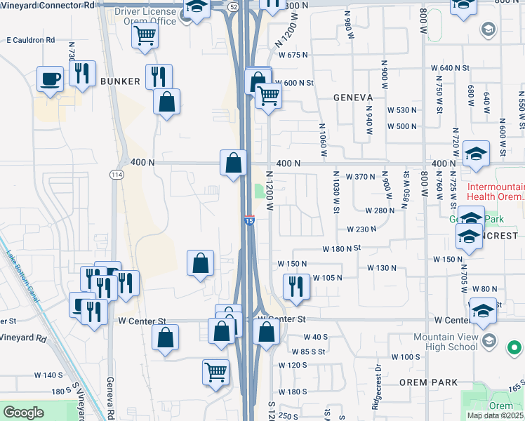 map of restaurants, bars, coffee shops, grocery stores, and more near 255 1200 West in Orem