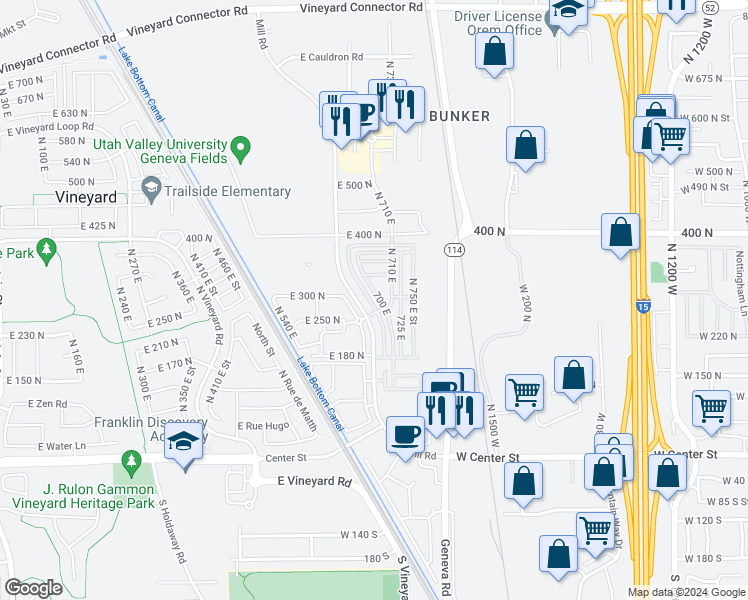 map of restaurants, bars, coffee shops, grocery stores, and more near 284 North 680 East in Vineyard
