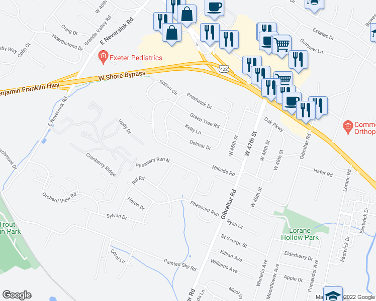 map of restaurants, bars, coffee shops, grocery stores, and more near 4501 Hillside Road in Reading