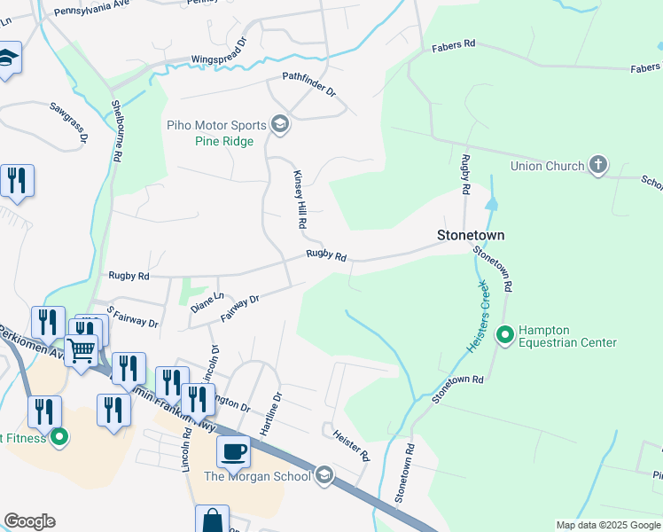 map of restaurants, bars, coffee shops, grocery stores, and more near 360 Rugby Road in Birdsboro