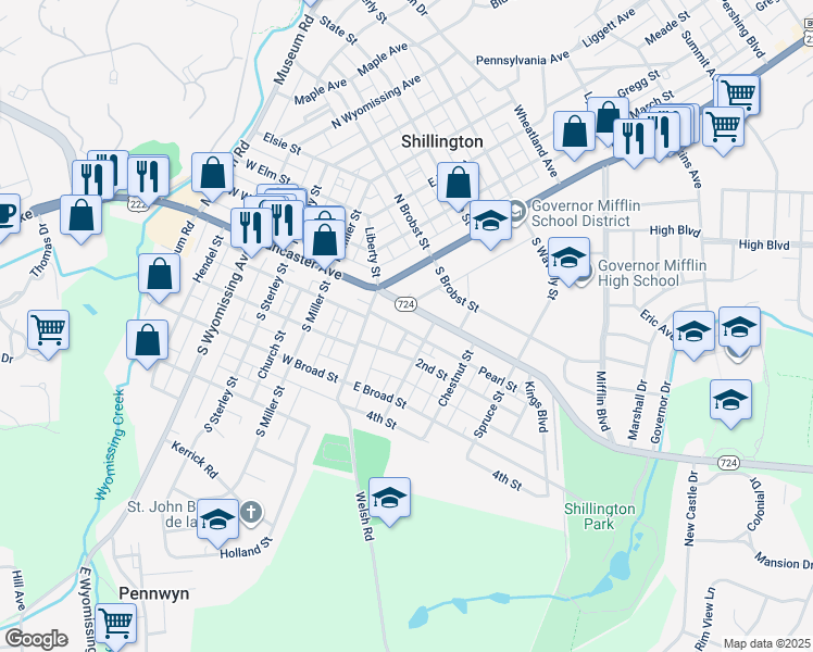 map of restaurants, bars, coffee shops, grocery stores, and more near 44 Pearl Street in Shillington