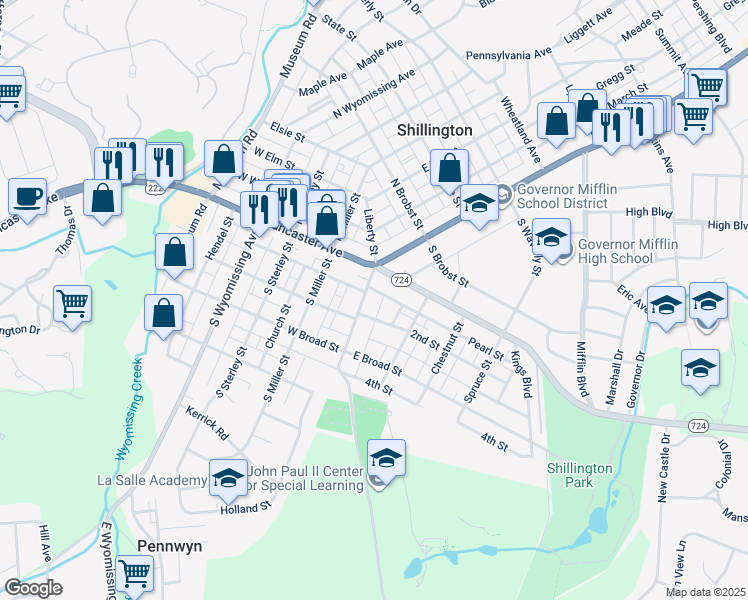 map of restaurants, bars, coffee shops, grocery stores, and more near 44 Pearl Street in Shillington