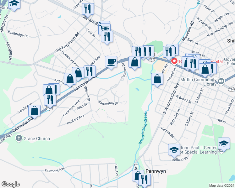 map of restaurants, bars, coffee shops, grocery stores, and more near 13 Chesterwood Cir in Reading
