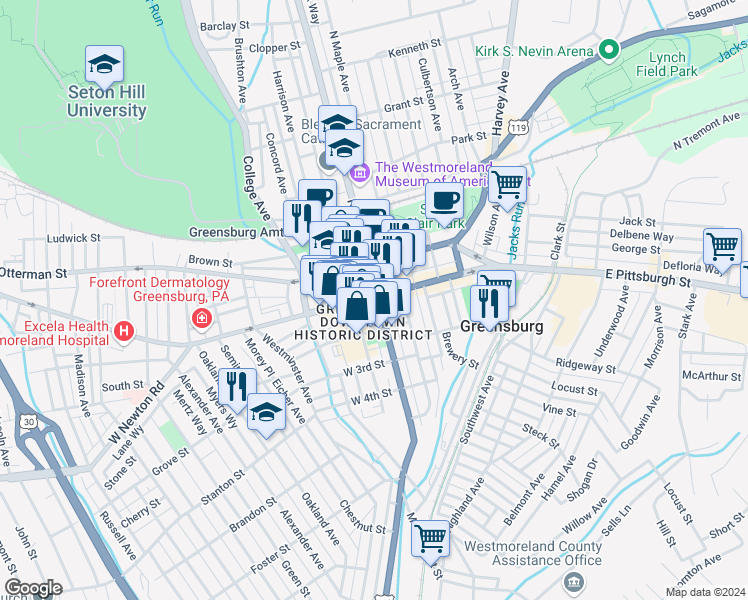 map of restaurants, bars, coffee shops, grocery stores, and more near in Greensburg