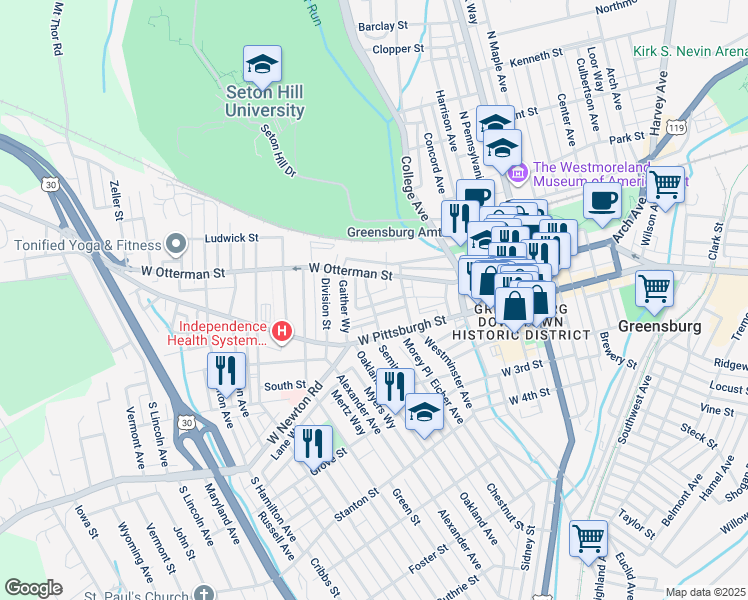 map of restaurants, bars, coffee shops, grocery stores, and more near 330 Hawthorne Avenue in Greensburg