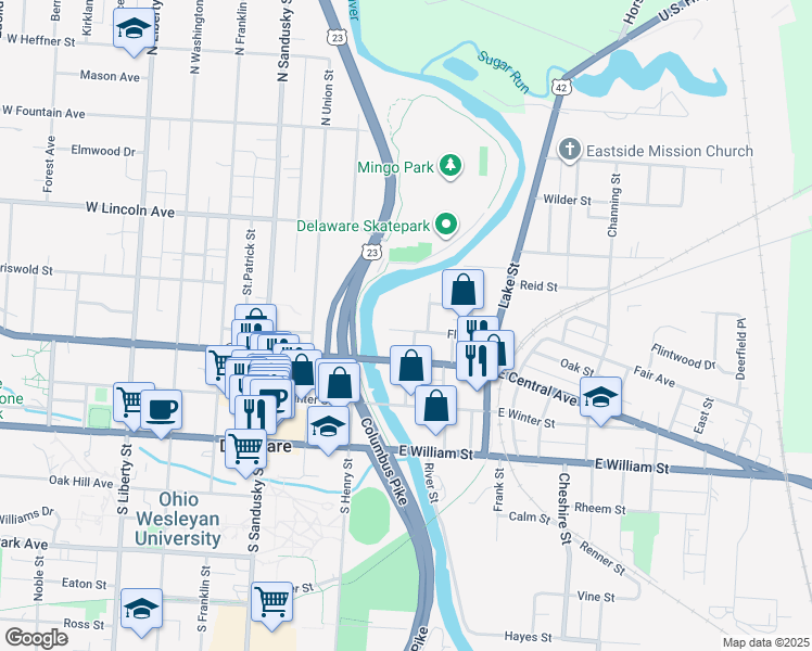 map of restaurants, bars, coffee shops, grocery stores, and more near 16 Flax Street in Delaware