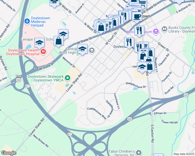 map of restaurants, bars, coffee shops, grocery stores, and more near 13 Aspen Way in Doylestown