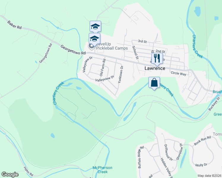 map of restaurants, bars, coffee shops, grocery stores, and more near 1156 Old Farm Road in Lawrence