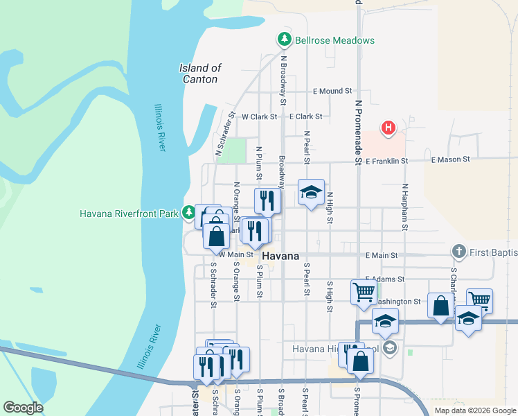 map of restaurants, bars, coffee shops, grocery stores, and more near 201 West Jefferson Street in Havana