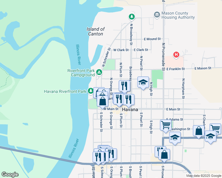 map of restaurants, bars, coffee shops, grocery stores, and more near 301 West Jefferson Street in Havana