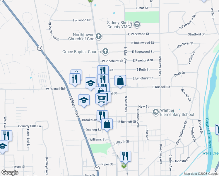 map of restaurants, bars, coffee shops, grocery stores, and more near 117 West Russell Road in Sidney