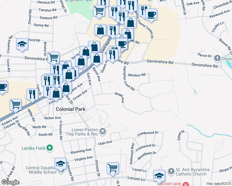 map of restaurants, bars, coffee shops, grocery stores, and more near 5026 Royal Avenue in Harrisburg