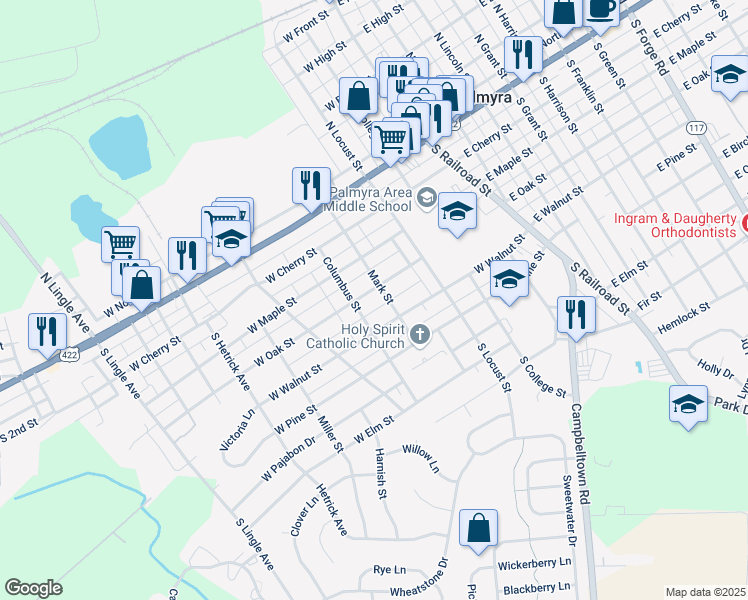 map of restaurants, bars, coffee shops, grocery stores, and more near 301 West Walnut Street in Palmyra