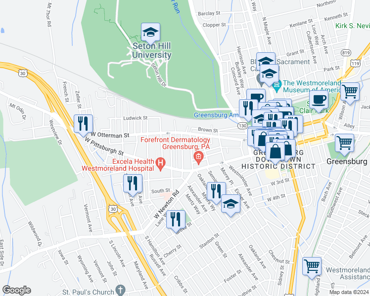 map of restaurants, bars, coffee shops, grocery stores, and more near 41 Division Street in Greensburg