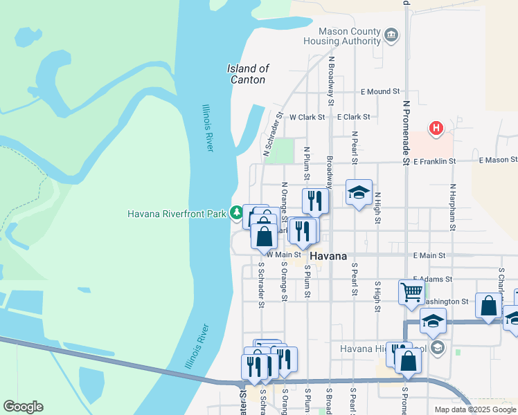 map of restaurants, bars, coffee shops, grocery stores, and more near 431 West Jefferson Street in Havana