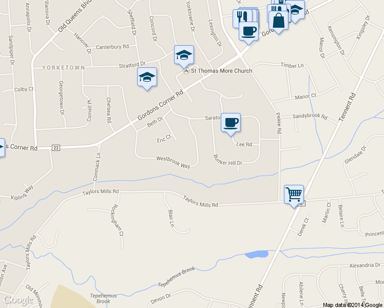 map of restaurants, bars, coffee shops, grocery stores, and more near 17 Westbrook Way in Manalapan Township