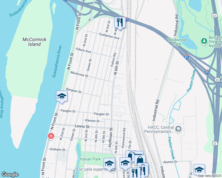 map of restaurants, bars, coffee shops, grocery stores, and more near 3436 North 6th Street in Harrisburg