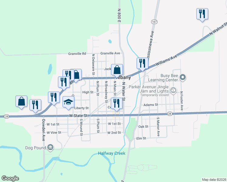 map of restaurants, bars, coffee shops, grocery stores, and more near 213 W High St in Albany