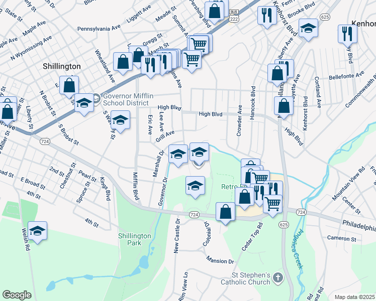 map of restaurants, bars, coffee shops, grocery stores, and more near 601 Governor Drive in Reading