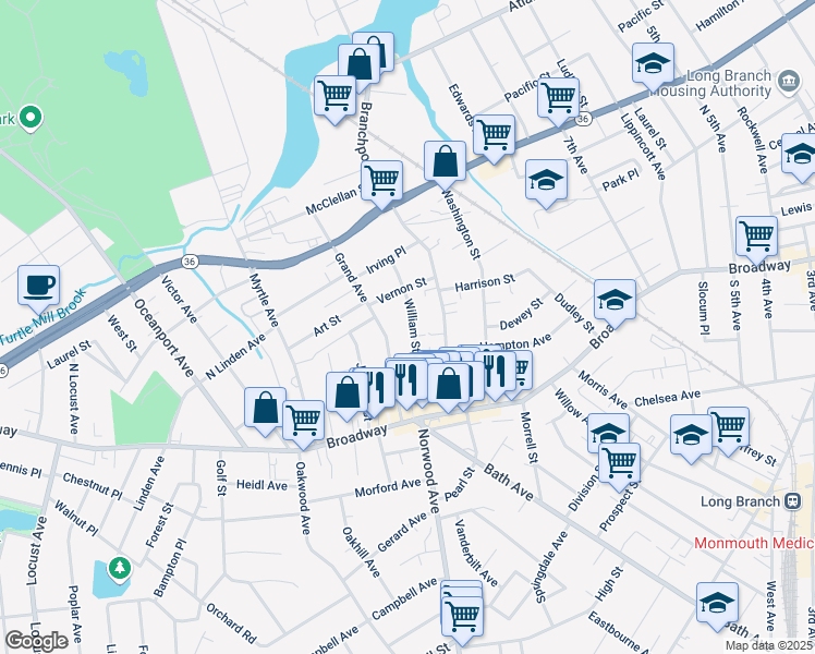 map of restaurants, bars, coffee shops, grocery stores, and more near 69 Grand Avenue in Long Branch