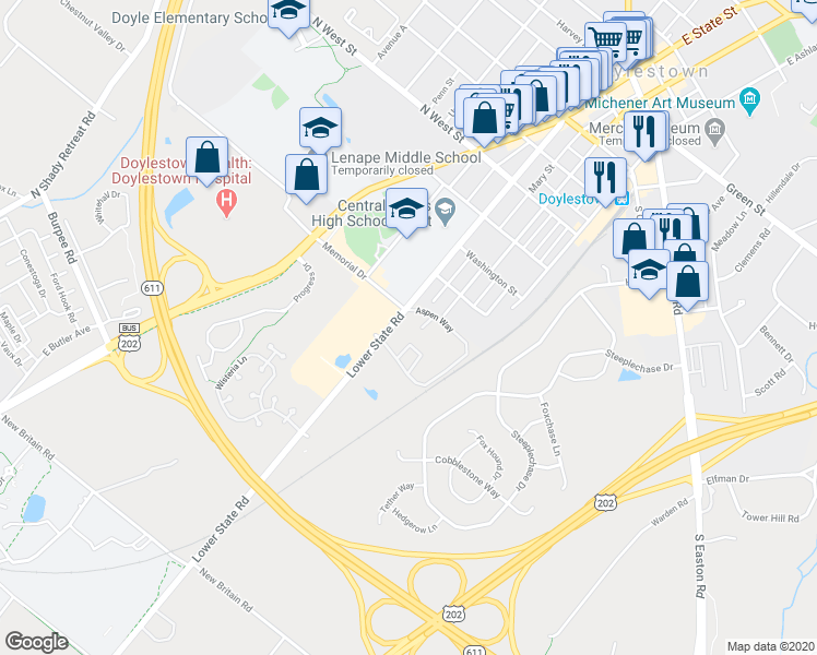map of restaurants, bars, coffee shops, grocery stores, and more near 12-9 Aspen Way in Doylestown
