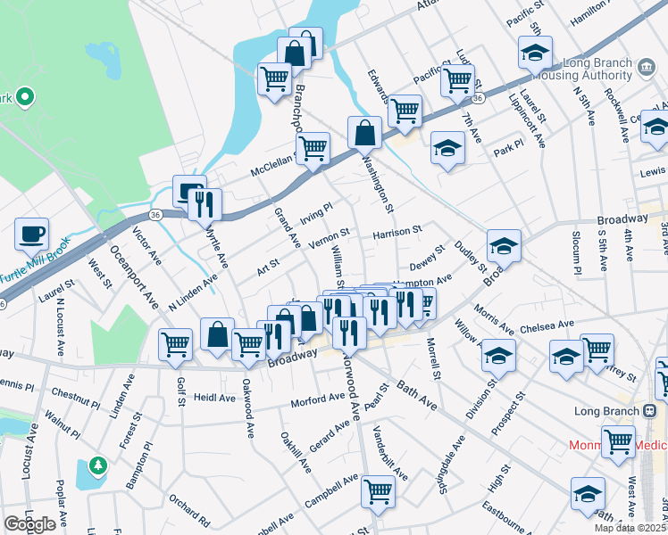 map of restaurants, bars, coffee shops, grocery stores, and more near 69 Grand Avenue in Long Branch