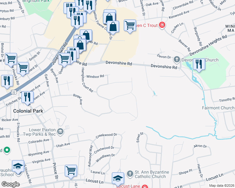 map of restaurants, bars, coffee shops, grocery stores, and more near 5361 Wilshire Road in Harrisburg