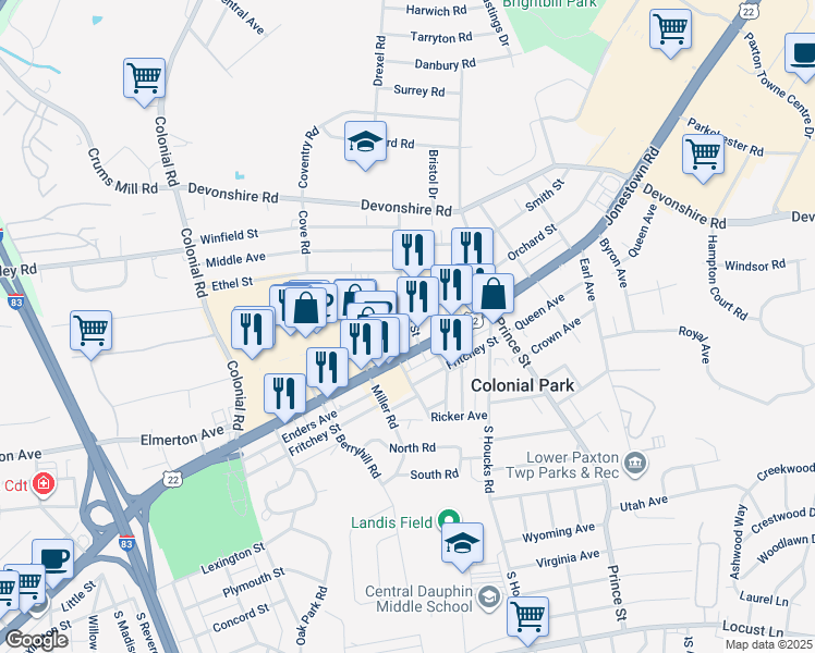 map of restaurants, bars, coffee shops, grocery stores, and more near in 
