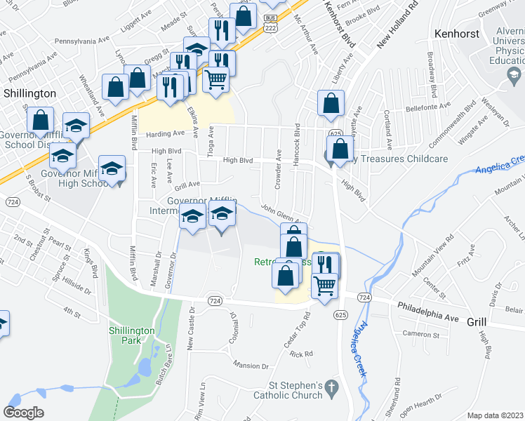 map of restaurants, bars, coffee shops, grocery stores, and more near 212 John Glenn Avenue in Reading