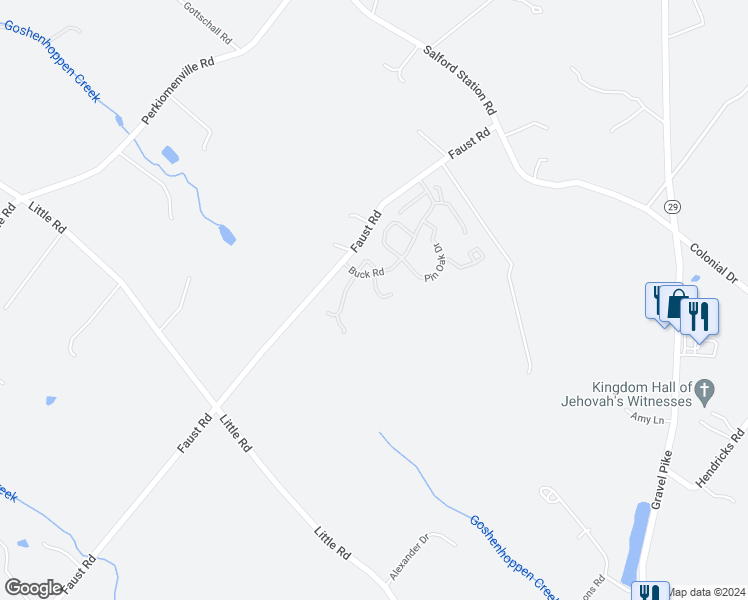 map of restaurants, bars, coffee shops, grocery stores, and more near 4428 Glenwood Drive in Perkiomenville