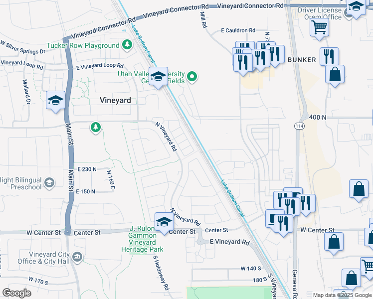 map of restaurants, bars, coffee shops, grocery stores, and more near 436 East 300 North Street in Vineyard