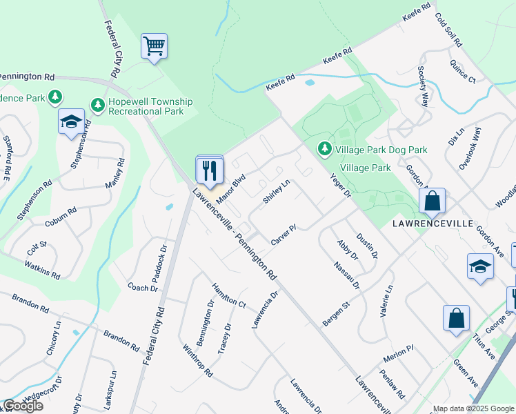 map of restaurants, bars, coffee shops, grocery stores, and more near 17 Shirley Lane in Lawrence Township