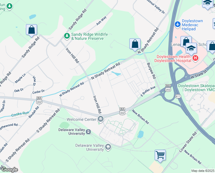 map of restaurants, bars, coffee shops, grocery stores, and more near 249 Wooded Drive in Quakertown